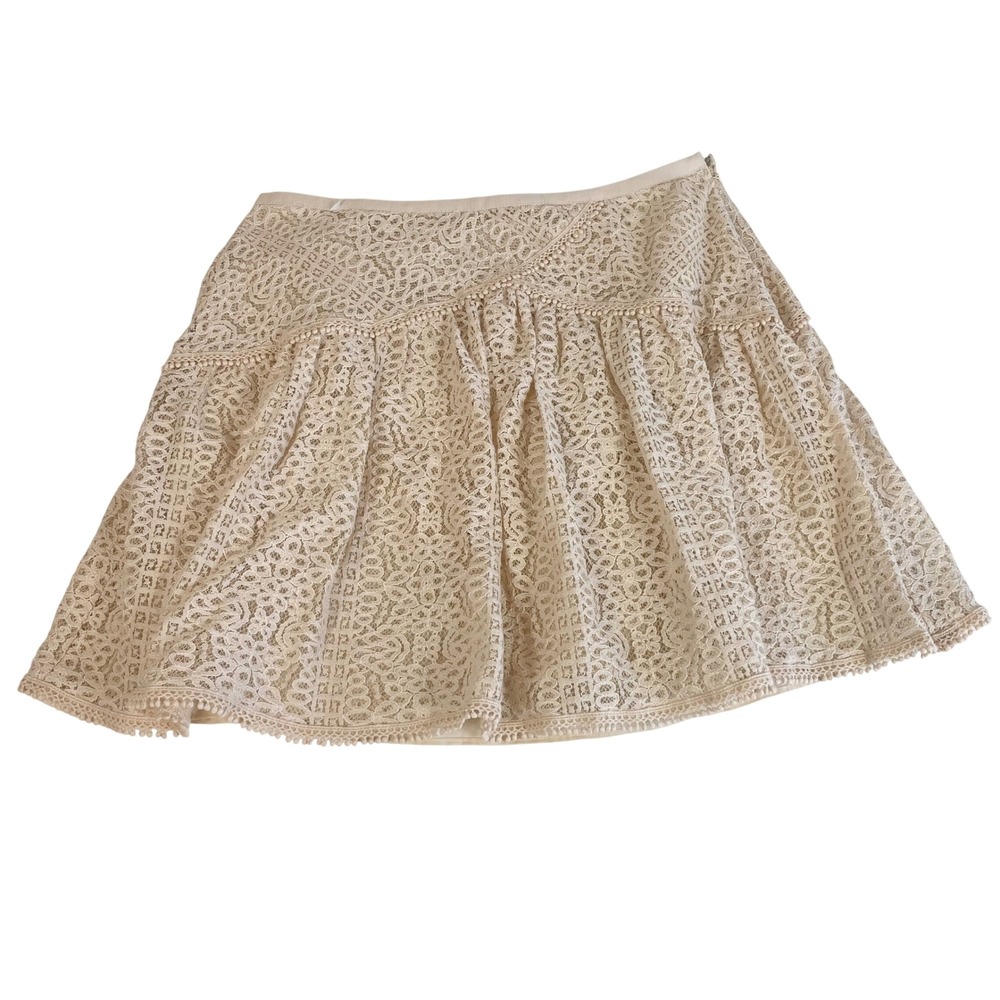 Rachel Roy Cream Lace Mini Skirt Pom Pom Trim Tiered Boho Womens 2‎ Resortwear